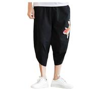 RUMAOZIA Pantalon sarouel long pour homme - Pantalon bouffant baggy pour homme - Avec poches - Pantalon d'été large en lin - Pantalon court - Kimono japonais - Pantalon de plage traditionnel -