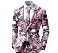 RUMAOZIA Sakko Veste pour homme - Costume d'Halloween - Coupe ajustée - Veste de costume effrayante - Tête de mort - Rose - Imprimé Tuxedo - Costume formel - Tenue de festival - 1 bouton - Smoking