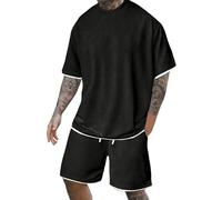 RUMAOZIA Y2K Survêtement court pour homme - Tenue d'été 2 pièces - Survêtement 2 pièces - Avec haut à manches courtes et short - T-shirt léger + pantalon de sport streetwear, Noir , S