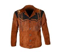 Rumble Products Veste western traditionnelle pour homme style cowboy | Fait à la main en daim et daim avec franges et perles, marron, X-Large