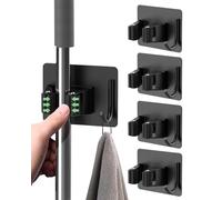 Rumicet 4 Pièces Porte Balais Mural, Acier Inoxydable Noir Accroche Balai Mural Avec crochets, Installation non Perforée Accroche Balai Mural, Convient Pour les Cuisines, les Escaliers