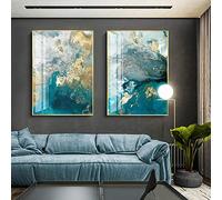 Rumlly Abstrait aquarelle bleu doré rendu moderne décoratif photo toile mur Art affiche pour salon bureau décor 60x80cmx2 sans cadre