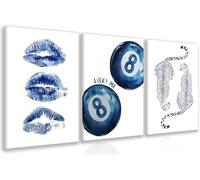 Rumlly Décoration murale léopard bleu preppy, images esthétiques rétro de boules de billard 8 marine, œuvres d'art tendance sur toile avec baisers, affiches léopard (20x25cmx3/sans cadre)