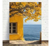 Rumlly Décoration murale représentant une maison rustique jaune vif, un arbre aux fleurs dorées et une vue sur la mer, affiche d'un chemin de pierre côtier méditerranéen (20x30cm/cadre intérieur)