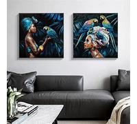 Rumlly Impression sur toile Vintage femme africaine perroquet peinture nordique fille affiche mur Art photo salon intérieur décor à la maison 80x80cmx2 sans cadre