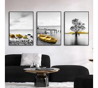 Rumlly Lot de 3 affiches murales de paysage, bateau doré, pierre, lac, toile imprimée, peinture, images pour décoration de salon et de maison (30 x 45 cm x 3, toile enveloppée)