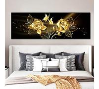 Rumlly Modern Bedside Painting Canvas Poster Golden Rose Flower Painting Wall Art Canvas Picture for Living Room Bedroom Decor 50x150cm No Frame