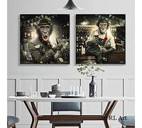 Rumlly Moderne Peinture Animal Posters Imprime Mur Graffiti Art Toile Singe Buvant Du Vin Rouge au Bar Photos pour La Décoration De La Chambre 70x70cmx2 Sans Cadre