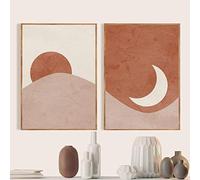 Rumlly Sun Moon Boho Terre Cuite Mur Art Toile Peinture Milieu Du Siècle Abstrait Paysage Impression Affiche pour Salon Chambre Décor 60x90cmx2 Sans Cadre