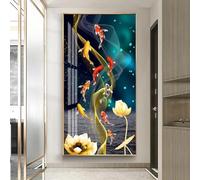 Rumlly Toile de peinture nordique de luxe avec neuf poissons porte-bonheur Feng Shui Koi, affiches de fleurs de lotus, images murales pour couloir, salon, décoration 50 x 100 cm, sans cadre