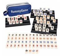 Rummy Jeu de voyage Mini Rummy avec 112 pions et 4 supports Jeu de voyage avec chiffres, jeu de société portable pour 2 à 4 joueurs, ensemble de jeu intéressant pour adultes fêtes de famille