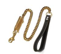 RUMYPET Laisse dorée pour chien de 15 mm/19 mm à maillons cubains avec ressort tampon solide, anti-traction et poignée en cuir véritable pour grands chiens - 0,6 m/0,9 m/1,2 m