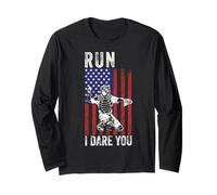 Run I Dare You Funny Baseball Catcher Drapeau américain USA Manche Longue