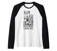 Run I Dare You Funny Baseball Catcher Drapeau américain USA Manche Raglan
