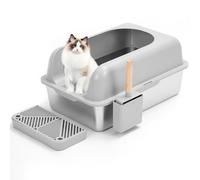 RUN.SE RUN.SE Litière pour chat en acier inoxydable, taille XL, semi-fermée, coque latérale haute, pas facile à coller, facile à nettoyer, bonne à utiliser