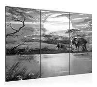 Runa Art Afrique L'Éléphant Peinture Tableau Salon XXL Noir Et Blanc Gris Le Coucher Du Soleil 120 x 80 cm 3 Parties Decoration Murale 000431c