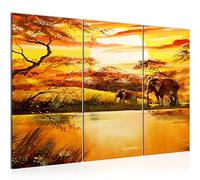 Runa Art Afrique L'Éléphant Peinture Tableau Salon XXL Orange Le Coucher Du Soleil Eau 120 x 80 cm 3 Parties Decoration Murale 000431a