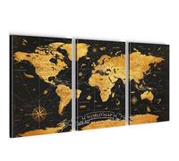 Runa Art carte du monde 3 Parties Decoration Murale Salon Chambre à coucher Bureau 20 x 30 cm - 3 Tableaux or noir Carte mondiale 056430a