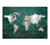 Runa Art Papier peint intissé métallique Carte du monde 352 x 250 cm Toison Mur XXL Tableaux Muraux Tapisserie Photo Décoration Murale Salon Chambre argent vert 9031011c
