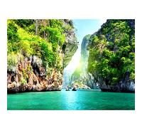 Runa Art Papier Peint panoramique Plage montagnes de la mer 352 x 250 cm Toison Mur XXL Moderne Décoration Murale Salon Chambre á Coucherr Bureau Salle Vert bleu 9011011b