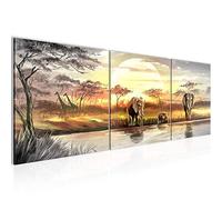 Runa Art - Peinture Afrique L'Éléphant 120 x 40 cm Tableau en Toile non Tissée Jaune Gris En plusieurs Parties Moderne Decoration Murale 000733a