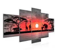 Runa Art - Tableau Afrique Le Coucher Du Soleil 200 x 100 cm 5 Parties XXL Decoration Murale Dessin Gris Orange 000251b