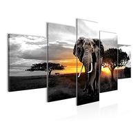 Runa Art - Tableau Afrique L'Éléphant 200 x 100 cm 5 Parties XXL Decoration Murale Dessin Gris Orange 001251c