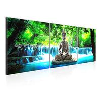 Runa Art Tableau Bouddha Cascade 3 Parties Impression sur Toile intissee Decoration Salon 90 x 30 cm La Nature Bleu Vert 503534b