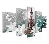 Runa Art - Tableau Bouddha Fleurs 200 x 100 cm 5 Parties XXL Decoration Murale Dessin Vert 505651b