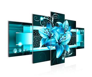Runa Art - Tableau Lis Fleurs 200 x 100 cm 5 Parties XXL Decoration Murale Dessin Turquoise 008651a