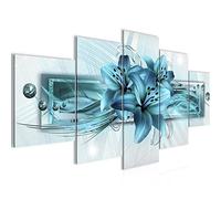 Runa Art - Tableau Lis Fleurs 200 x 100 cm 5 Parties XXL Decoration Murale Dessin Turquoise 008751a
