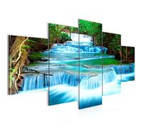 Runa Art Tableau mural Cascade Paysage 5 Parties Impression sur Toile Intissee Decotation Salon Montagnes Bleu Vert 603552b
