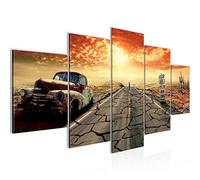 Runa Art Tableau mural Voiture Route 66 5 Parties Impression sur Toile Intissee Decotation Salon Automobile de Collection Beige Orange 600352a