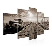 Runa Art Tableau mural Voiture Route 66 5 Parties Impression sur Toile Intissee Decotation Salon Vintage Gris Beige 600352b
