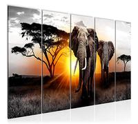 Runa Art Tableau mural XXL Afrique L'Éléphant 200 x 80 cm Gris Orange 5 Parties - 007655a
