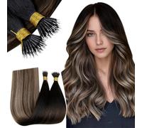 RUNATURE Extension a Froid Ombre Hair Nano Ring Human Hair Extension Balayage Noir à Marron avec Blond #1B/4/27 Nano Ring Extension Naturel a Froid Remy Hair 14 Pouces/35cm 50g/50s