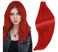 RUNATURE Extension Cheveux Naturel Adhesive Rouge Tape Adhesif Extension Cheveux Humain Colores Rouge Bande Extension Adhesive Cheveux Naturel Remy Hair 22 Pouces/55cm 10 Pièces/25g #Red