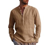 Runcati Chemise en lin à manches longues en coton et lin pour homme, coupe régulière, pour la plage, l'été, marron, XL