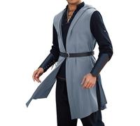 Runcati Costume Renaissance Homme Moyen Âge Tunique sans Manches à Capuche Vikings Gilet Cape pour Halloween Carnaval Cosplay Hauts Vintage Cape à Capuche, Gris, XXL