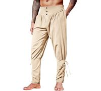 Runcati Pantalon médiéval vintage léger en lin pour homme, style Renaissance, Viking, pirate, couleur unie, baggy, loisirs, cosplay, costume, beige, XL