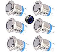 RUNCCI-YUN 6pcs 12V-24V 12mm Rond interupteur Push étancheBouton Poussoir Momentané LED Bouton Poussoir Metal Mini interupteur Push pour Voiture Camion Sonnette (Tête Plate)(LED Bleue)
