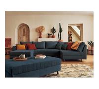 Rune - canapé panoramique d'angle droit - 7 places - avec pouf d'appoint - en velours côtelé - Bleu nuit