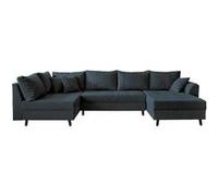 Rune - canapé panoramique d'angle gauche - 7 places - avec pouf d'appoint - en velours côtelé - Bleu nuit