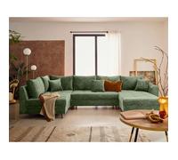 Rune - canapé panoramique d'angle gauche 7 places en velours texturé - Vert sauge