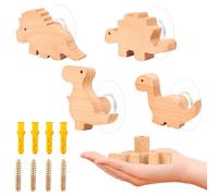 RUNEAY Lot de 4 crochets muraux en bois pour enfants - Motif dinosaure - Auto-adhésifs - Sans perçage - Pour manteau et bonnet