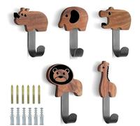 RUNEAY Lot de 5 patères en bois pour enfants en forme d'animaux - Crochets muraux en bois - Patère pour chambre d'enfant - Décoration pour manteau, chapeau, sac