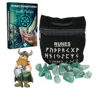 Runes Divinatoires VIKINGS - Pack de 25 Runes en Pierres Naturelles d’AVENTURINE VERTE Gravées (2cm x 1cm) + Sac Noir + Ebook Pratique (PDF) - Alphabet Runique Futhark parfait pour Divination, Voyance