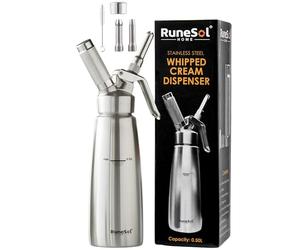 Runesol Siphon Chantilly Professionnel Inox 500ml, Sans Fuite Syphon Cuisine de Chantilly 3 Douilles en Acier Inoxydable et 1 Brosse, Siphons Cuisine Materiel Patisserie pour Desserts de Noël