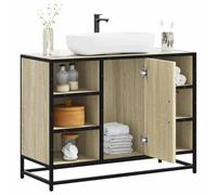 Runheo Armoire de salle de bain, chêne Sonoma, 80 x 33 x 60 cm, matériau dérivé du bois, structure en métal, résistante à l'humidité, design rétro, espace de rangement sous évier, meuble de salle de