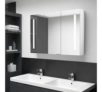Runheo Armoire de Salle de Bain Miroir LED Blanc Brillant 89x14x62cm Meuble lavabo Rangement Suspendu avec 3 Portes étagères Placard Colonne pour Salle Bain Toilette Douche
